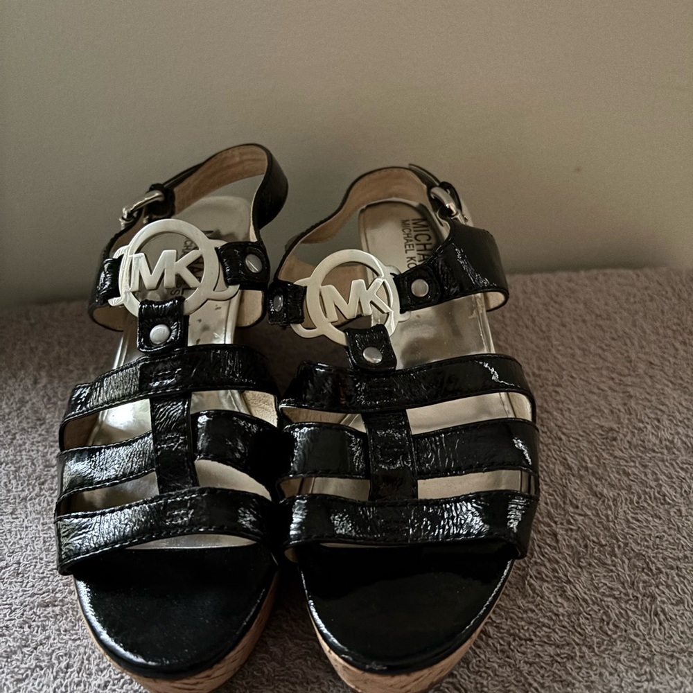 Michael Kors Black Patent Leather Logo Wedge Sandals